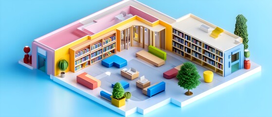 Fototapeta premium Modern Colorful Library Interior Design with Bookshelves and Seating Areas