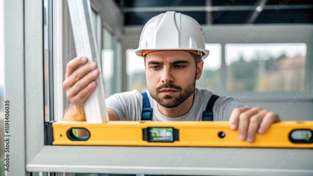 Poster the focused expression of a worker as they balance a window pane against the frame showcasing deep c