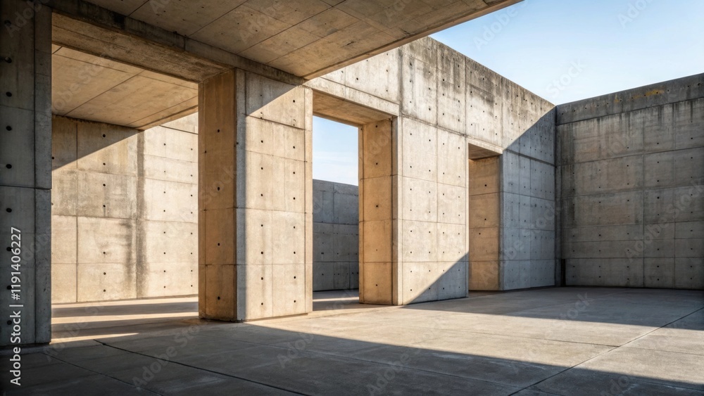Aufkleber The interplay of light and shadow on a concrete wall with large openings capturing the bold simplicity and functional form of brutalist architecture emphasizing volume and space.