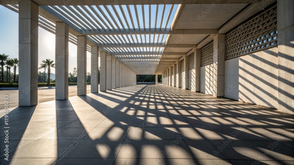 Poster The interplay of light and shadow forms geometric patterns on the ground as the sun streams through the crisscrossed supports emphasizing the structures minimalist design.