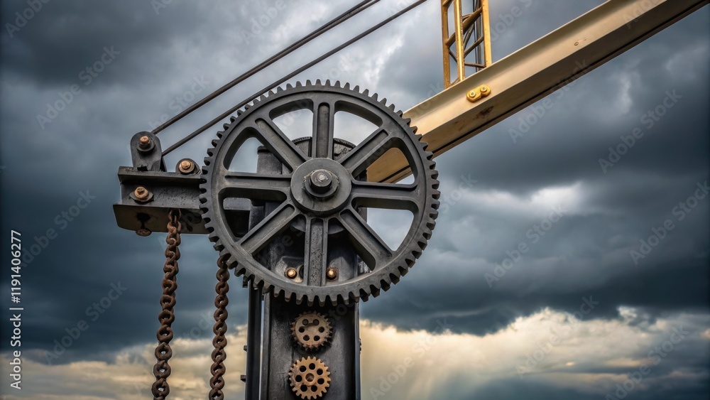 Poster the intricate mechanism of the crane is highlighted showcasing the gears and pulleys as the steel be