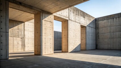 The interplay of light and shadow on a concrete wall with large openings capturing the bold simplicity and functional form of brutalist architecture emphasizing volume and space.