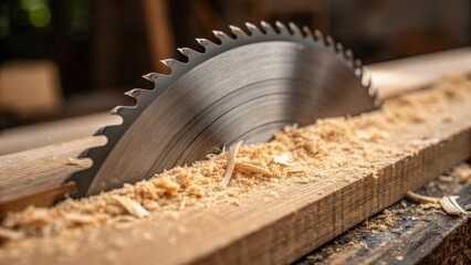 The intricate design of a saw blades serrated edge is highlighted as it slices through a piece of oak with fine wood shavings spiraling away from the capturing the power in motion.