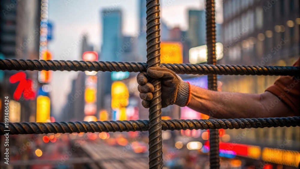 Aufkleber The intricate motion of fingers binding rebar together is highlighted with the vibrant colors of the cityscape peeking through signifying the connection between hard labor and
