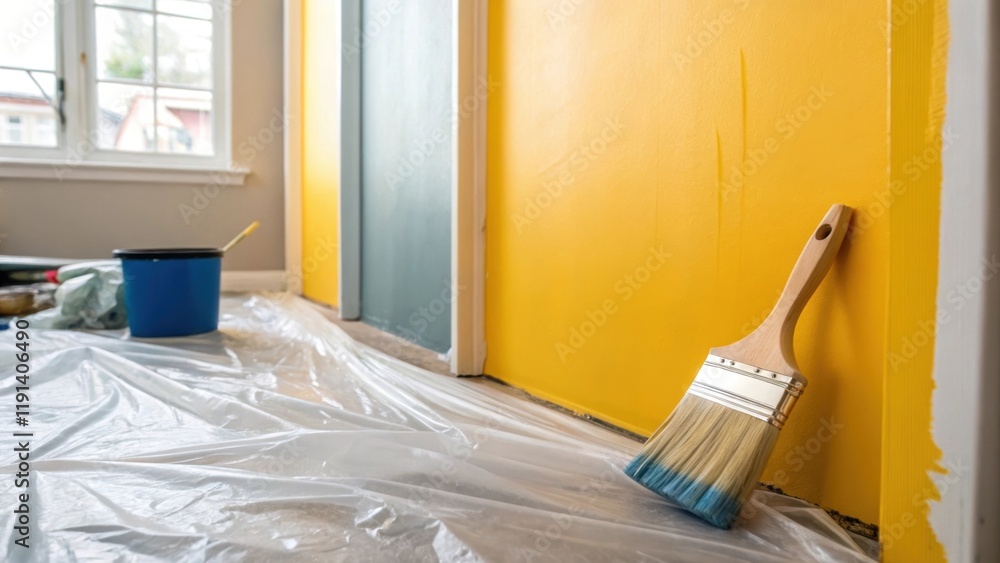 Poster the medium closeup of a freshly painted wall a painters brush resting on a plastic drop sheet showca