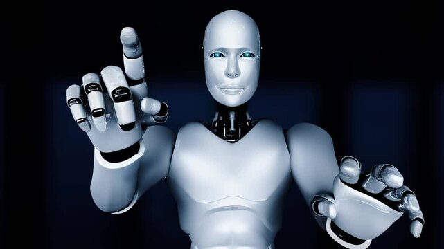 AI hominoid robot touching virtual hologram screen showing concept of big data analytic using artificial intelligence thinking by machine learning process. 3D rendering.