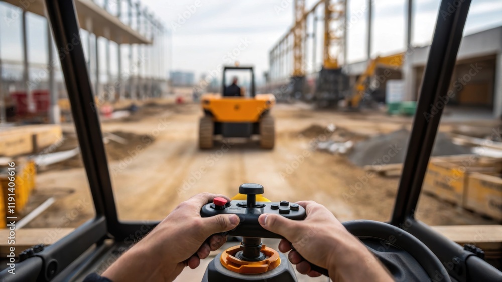 Poster The operators hand controls the joystick with precision as the telehandler navigates through a construction site focusing on the delicate movement of the forks lifting a heavy