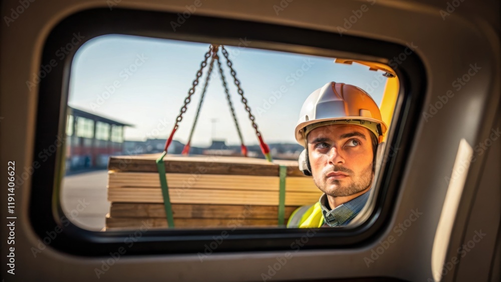 Poster The operator peers through the cabin window their eyes intently fixed on the load being lifted with construction materials in the background contrasting sharply against a clear