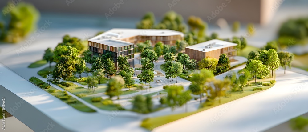 Poster modern architectural model of sustainable building design with green spaces