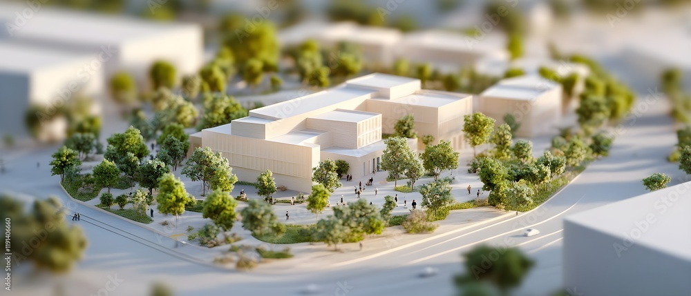 Poster modern architectural model of a public building surrounded by greenery