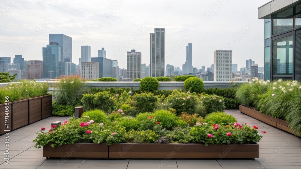 Poster The rooftop garden is bursting with lush greenery and vibrant flowers offering a tranquil contrast to the sleek urban structure below while providing a panoramic view of the