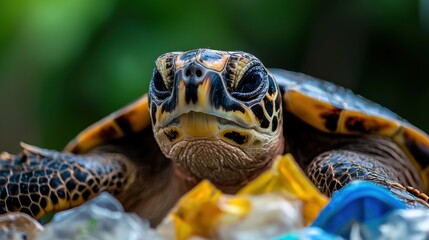 A turtle is laying on a pile of plastic bags