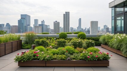 Fototapeta premium The rooftop garden is bursting with lush greenery and vibrant flowers offering a tranquil contrast to the sleek urban structure below while providing a panoramic view of the