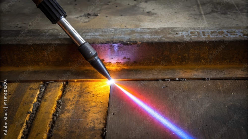 Aufkleber The sharp focused beam of a welding torch juxtaposed against a backdrop of oilstained concrete enhancing the vivid colors and textures of both the light and surroundings.