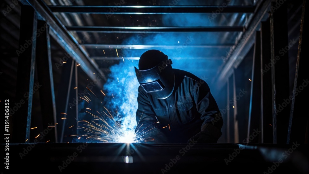 Poster The silhouette of a welder in action illuminated by an ethereal bluewhite light from the welding torch with shadows creeping ominously in the background.