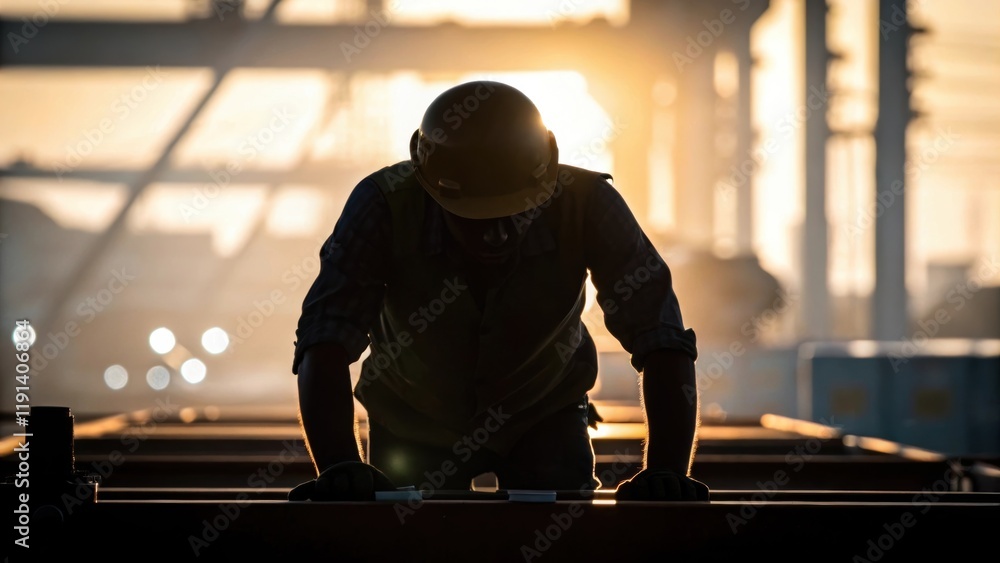 Poster the silhouette of a worker hunched over a surface illuminated by a soft halo of light symbolizing ha