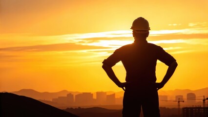 The side view of a worker silhouetted against the brilliant orange horizon their stance conveying resilience as the sun signifies hope amidst the challenges that lie ahead.