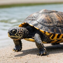 Fototapeta premium Turtle Walking Slowly on a White Background Perfect for Educational and Nature Related Projects