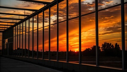 The silhouette of unfinished walls juxtaposes against the fiery sunset with reflections that frame the edges of the glass evoking a feeling of anticipation and transition.