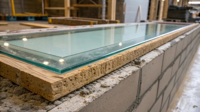 The sheen of the glass is juxtaposed with the co texture of surrounding construction materials captured in a medium closeup that emphasizes the sleekness of the installation