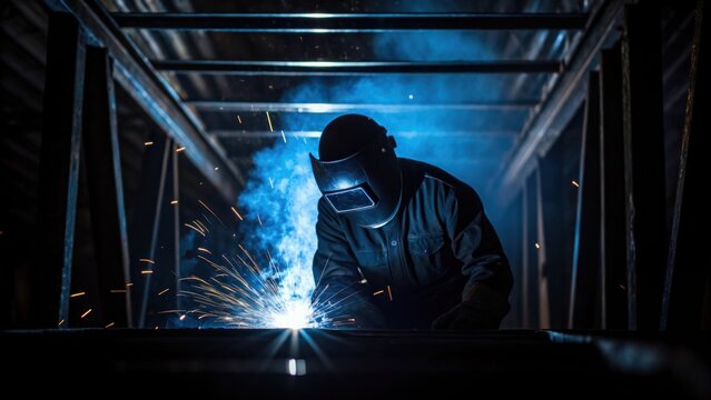 The silhouette of a welder in action illuminated by an ethereal bluewhite light from the welding torch with shadows creeping ominously in the background.