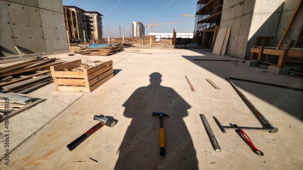 Poster The stark contrast of a workers shadow reaches towards tered tools on the ground highlighting the fragmented nature of the construction site.