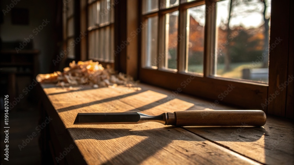 Poster The smooth surface of a chisel captures the warm light from a nearby window revealing the silhouette of a wooden workbench and tered shavings in the background.