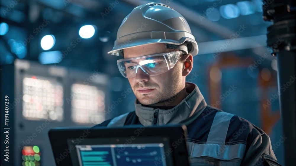 Poster The worker clad in protective gear inspects a digital display with reflections of the machinery faintly visible in their goggles highlighting the advanced technology being