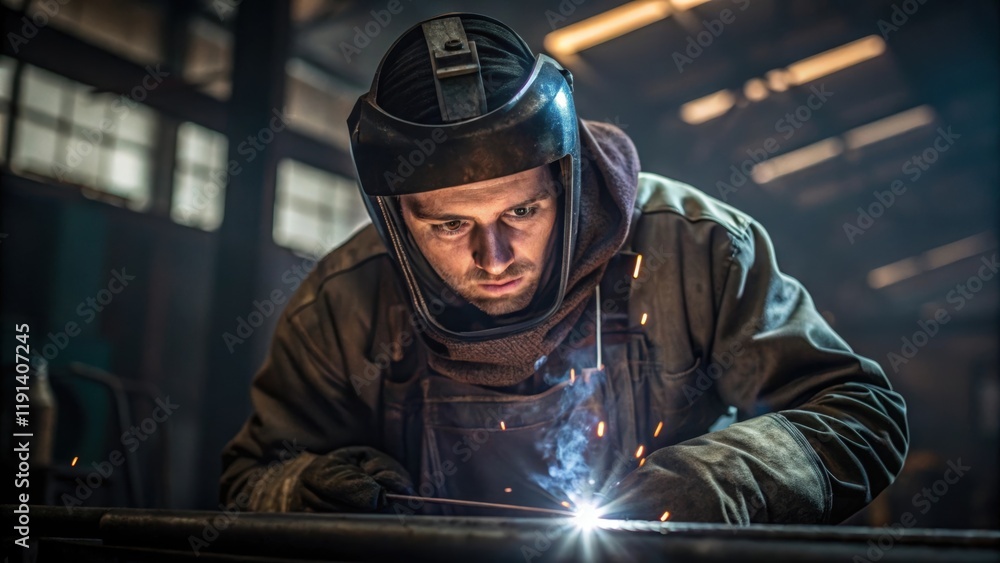 Aufkleber The workers brow is furrowed in concentration as they adjust their position with the welding torch casting dramatic glimpses of light across their overall garment reflecting the