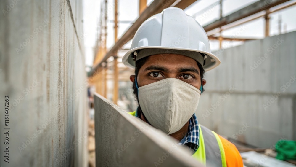 Aufkleber the workers face is partially obscured by a protective mask their eyes focused and intent on the lar