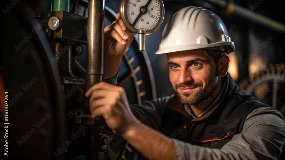 Aufkleber The workers expression is one of focus and confidence as they adjust a fine tuning dial with soft light casting shadows that accentuate the complexity of their surroundings.