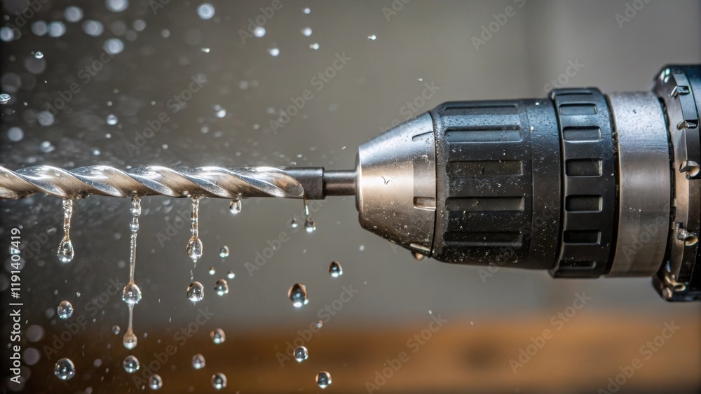 Poster Water droplets cascade down the metal handle of a power drill capturing a moment frozen in time as the raindrops accumulate and refract light in varying directions.