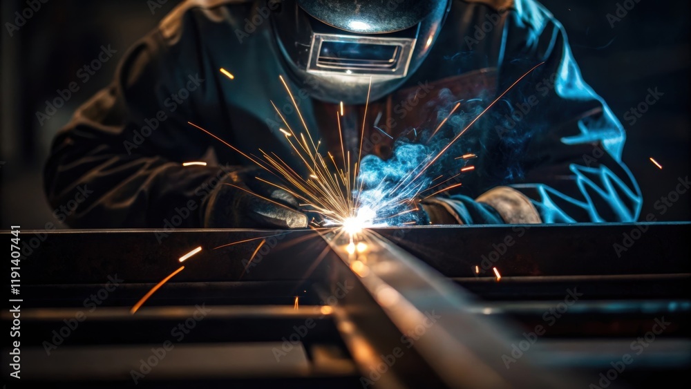 Poster welding sparks flying a closeup shot focusing on a welder in action with bright sparks flying from t