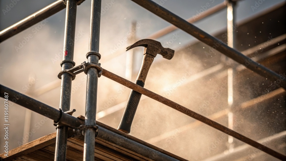 Poster Windy Day Dynamics A medium closeup of scaffolding swaying slightly in the wind. The dynamic movement is contrasted by a solitary hammer held firmly by a worker depicting a tense