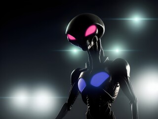 Alien lifeform figure at night with glowing lights