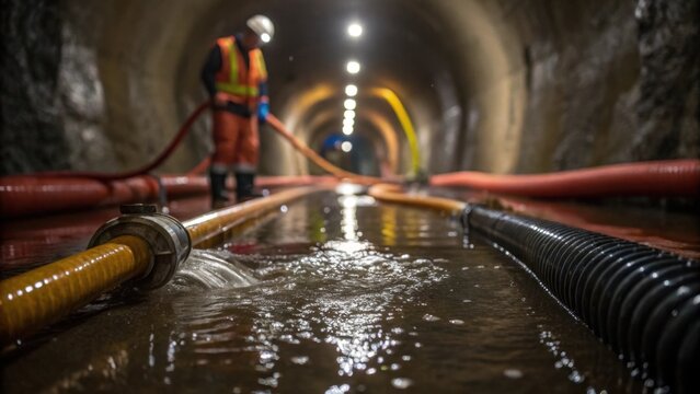Water Management System A closeup on a worker connecting hoses and pumps to manage groundwater in a flooded section of the tunnel. The droplets of water glisten in the artificial