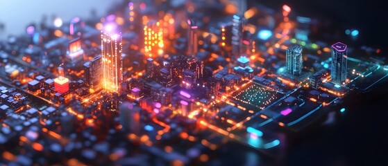 Futuristic Cityscape with Neon Lights and Digital Architecture Aerial View
