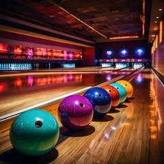Vibrant Neon Lit Bowling Balls on a Polished Lane Ready for Exciting Leisure Activities and Tournaments