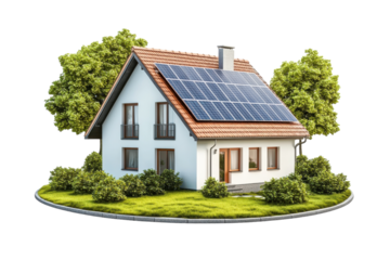 Modern home with solar panels surrounded by greenery during a sunny day