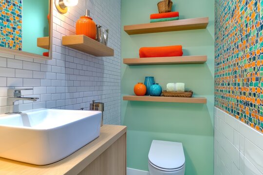 A small bathroom with floating shelves, vibrant accent tiles, and efficient storage solutions