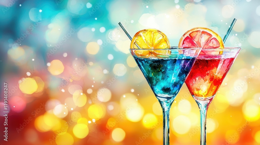 Poster two colorful cocktails with citrus garnish on a vibrant bokeh background for summer refreshment and 