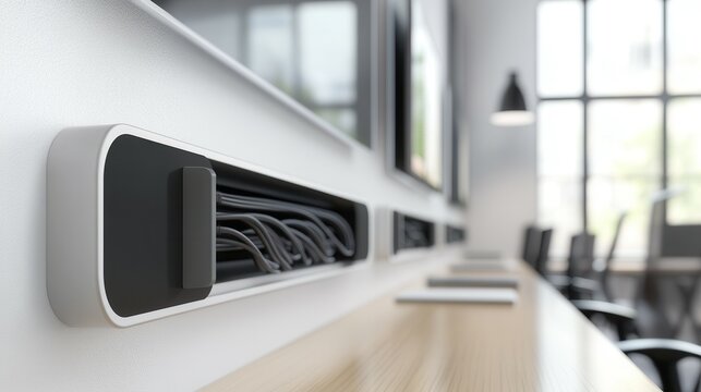 Modern office cable management system in a bright conference room.
