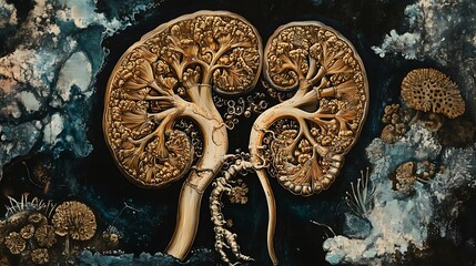 Illustration of the human kidney showing nephrons and renal function