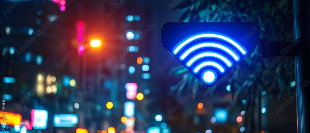 Poster neon wifi symbol in urban night setting with colorful bokeh background