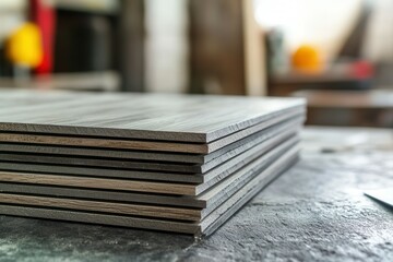 Stack of laminated plywood boards in industrial workshop setting.