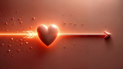 Glowing heart pierced by an arrow with radiant sparks on a warm background. Concept of love, passion, and romance.