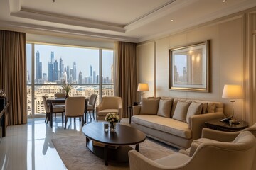 A sophisticated hotel suite with modern furnishings, panoramic city views, and luxurious textures