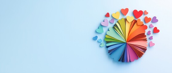 Obraz premium Colorful paper hearts in rainbow arrangement on a soft blue background for creative seasonal illustrations