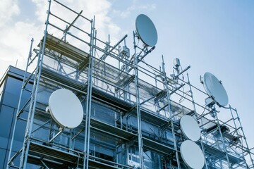 Building scaffolding, satellite dishes, communication equipment.