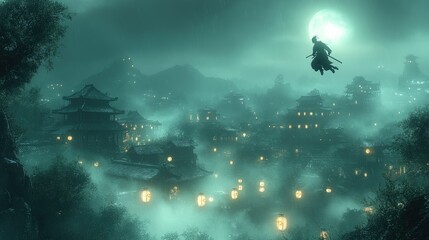 Obraz premium Samurai leaps, moonlit Asian village, rainy night.
